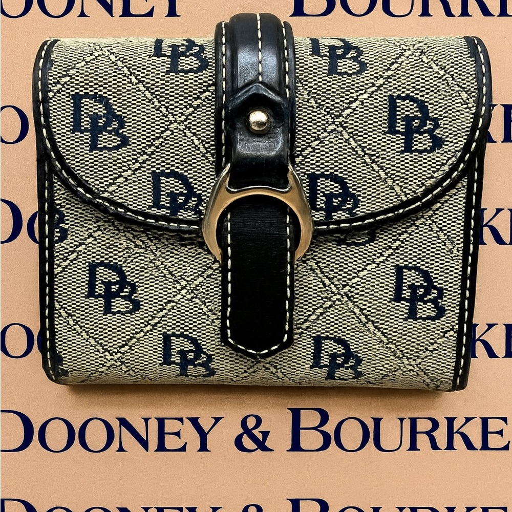 DOONEY & BOURKE Signature DB Trifold Wallet | Black & Beige Leather | EUC